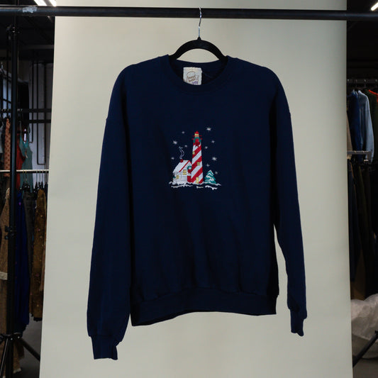 1990s Navy Blue Embroidered Holiday Lighthouse Crewneck (L)