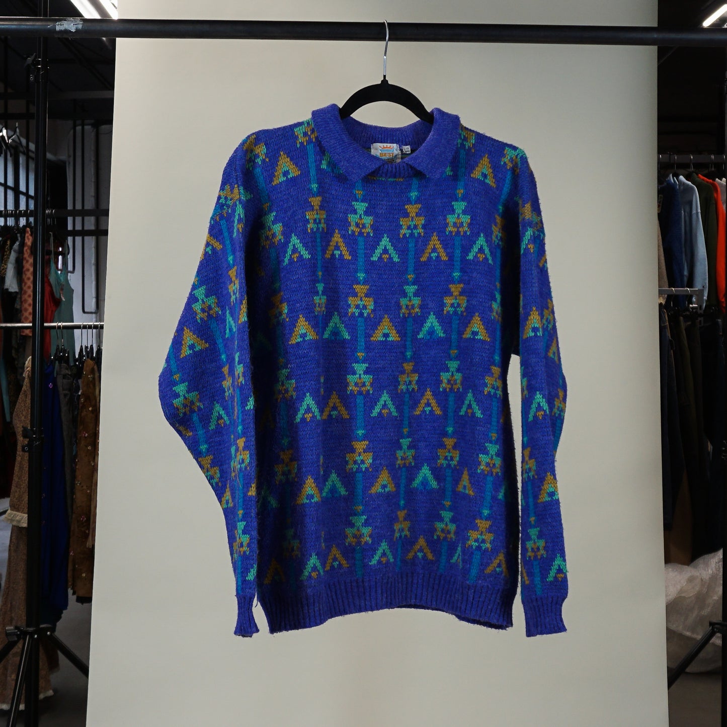 80s/90s 'Best Direction' Collared Knit Patterned Sweater (L/XL)