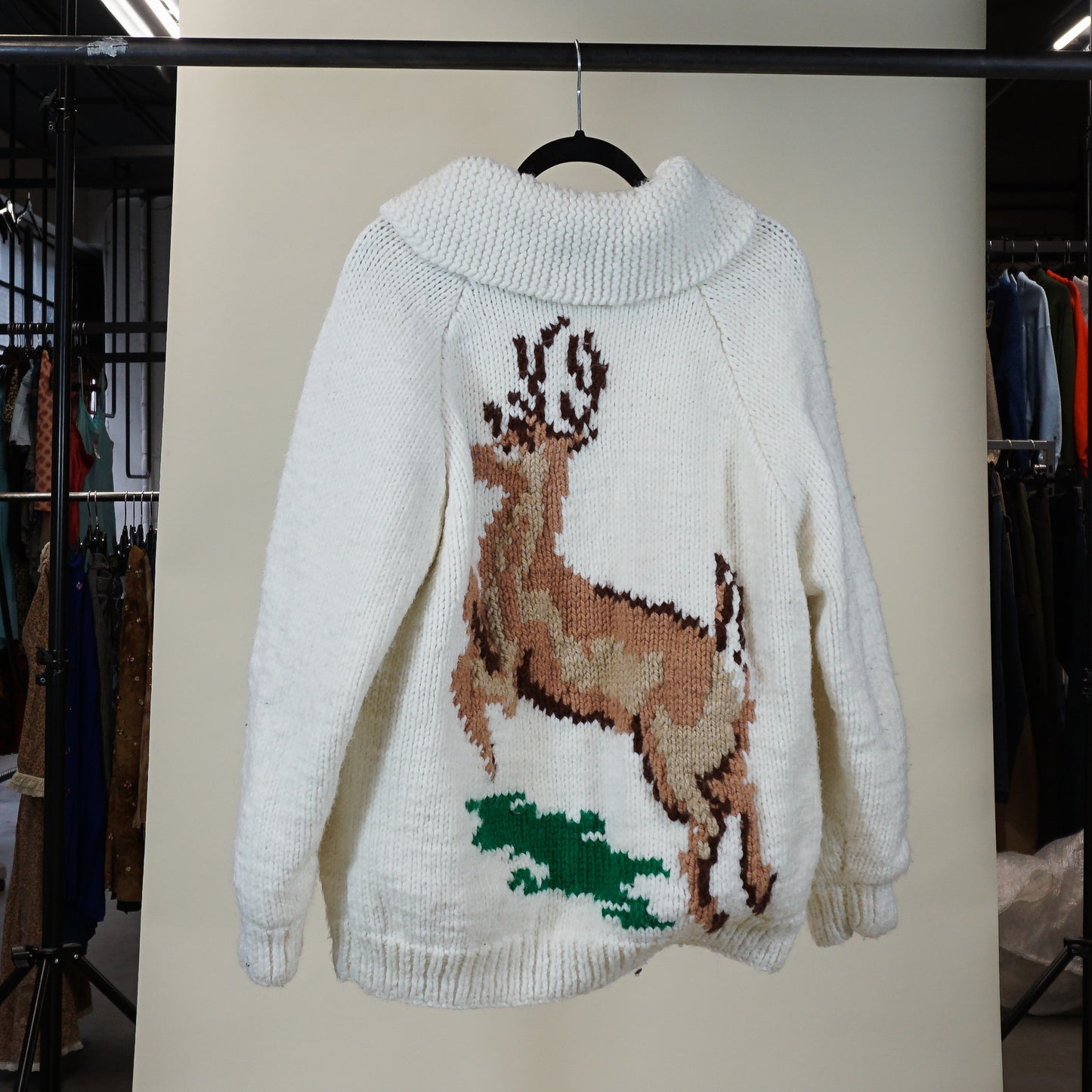 1970s Wool Knit Deer Cardigan (XL)