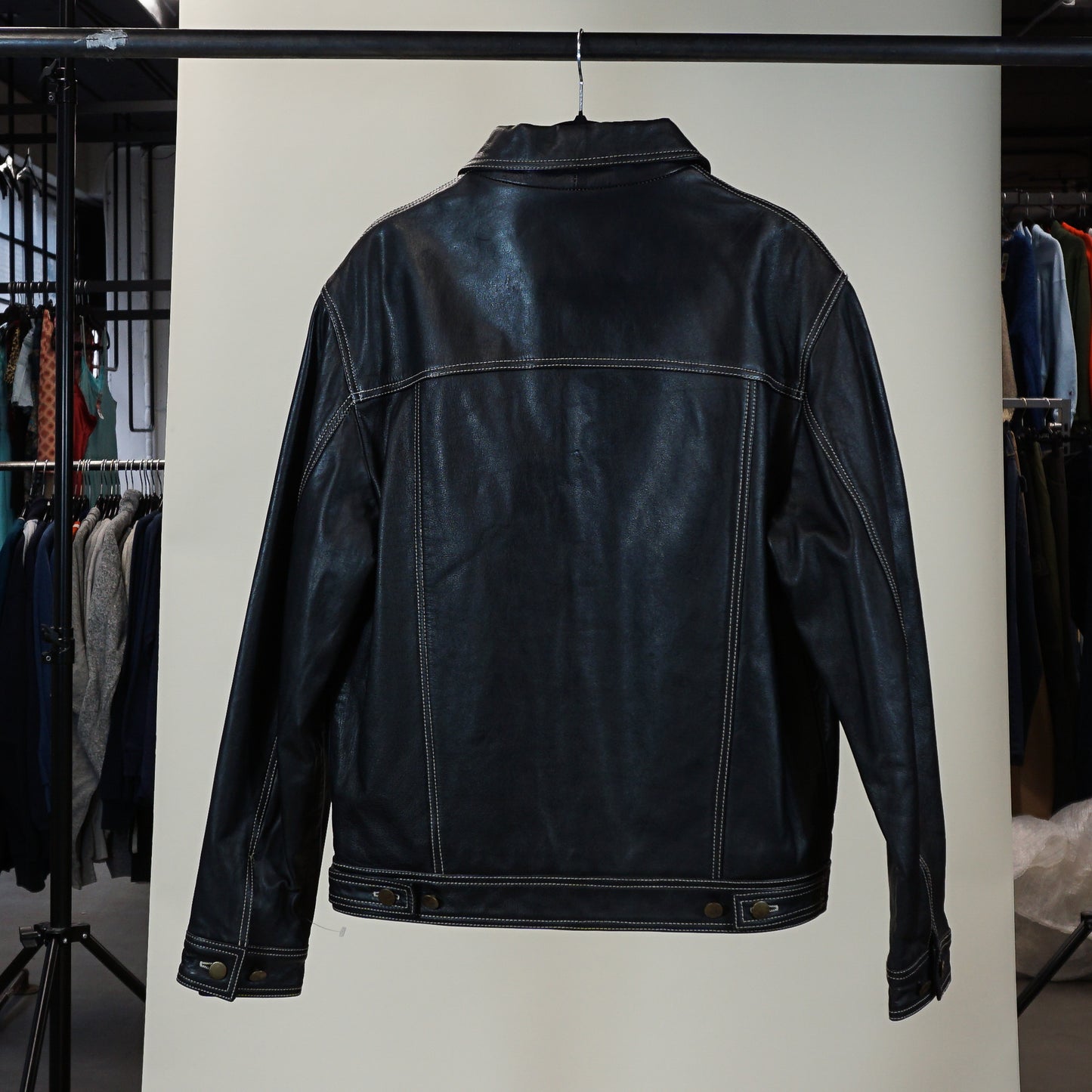 'Mouton Rare' Contrast Stitch Leather Trucker Jacket (S)