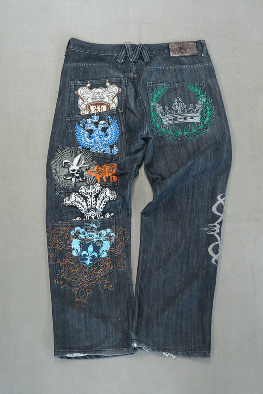 PANTALON BAGGY EN DENIM BRODÉ À 8 POCHES MUKAWEAR DES ANNÉES 2000